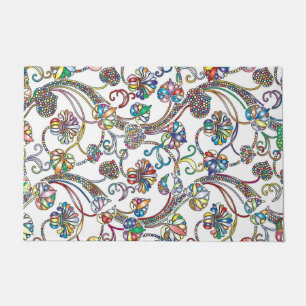 Antique Floral Pattern Multi Colour on White Doormat