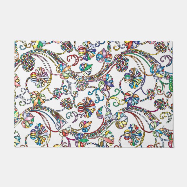 Antique Floral Pattern Multi Colour on White Doormat (Front)