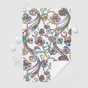 Antique Floral Pattern Multi Colour on White Golf Towel