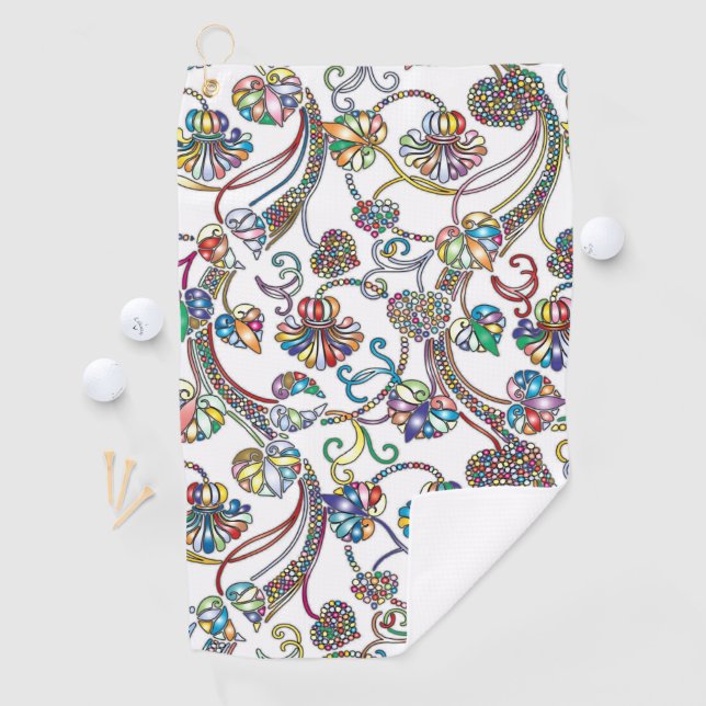 Antique Floral Pattern Multi Colour on White Golf Towel (InSitu)
