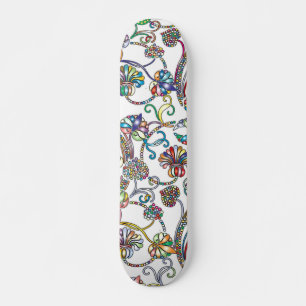 Antique Floral Pattern Multi Colour on White Skateboard