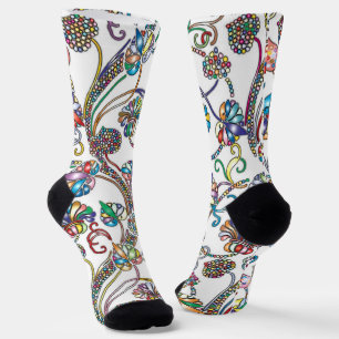 Antique Floral Pattern Multi Colour on White Socks