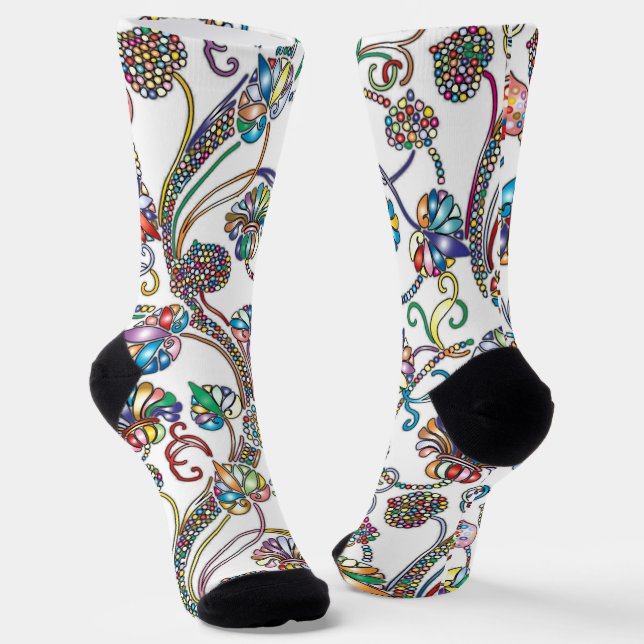 Antique Floral Pattern Multi Colour on White Socks (Angled)
