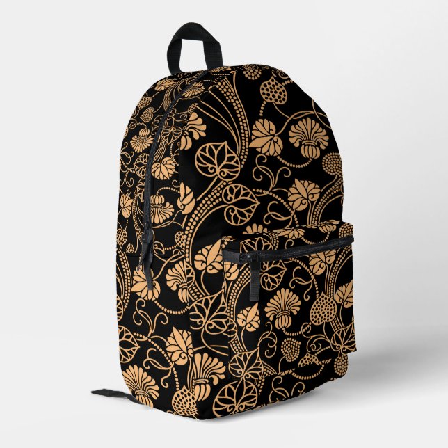 Antique Floral Pattern Orange on Black Printed Backpack (Back Corner Left)