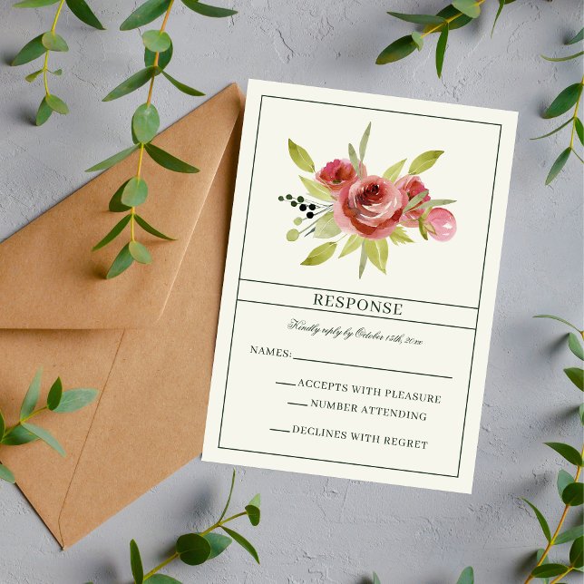 Antique Floral Pink Evergreen Botanical RSVP Card (Creator Uploaded)