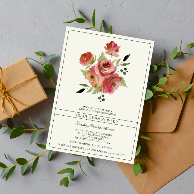 Antique Floral Pink Evergreen Flower Bridal Shower Invitation (Creator Uploaded)