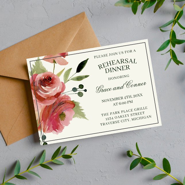 Antique Floral Pink Evergreen Rehearsal Dinner Invitation (Creator Uploaded)