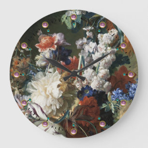 ANTIQUE FLORAL,PINK RED ANEMONES WHITE FLOWERS LARGE CLOCK