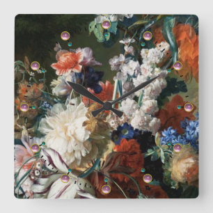 ANTIQUE FLORAL,PINK RED ANEMONES WHITE FLOWERS SQUARE WALL CLOCK