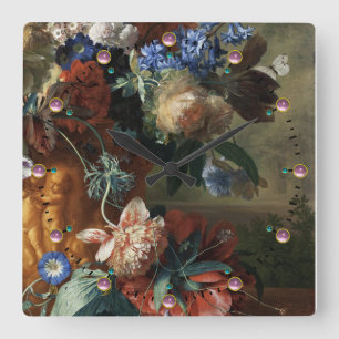 ANTIQUE FLORAL,PINK RED ANEMONES WHITE FLOWERS SQUARE WALL CLOCK