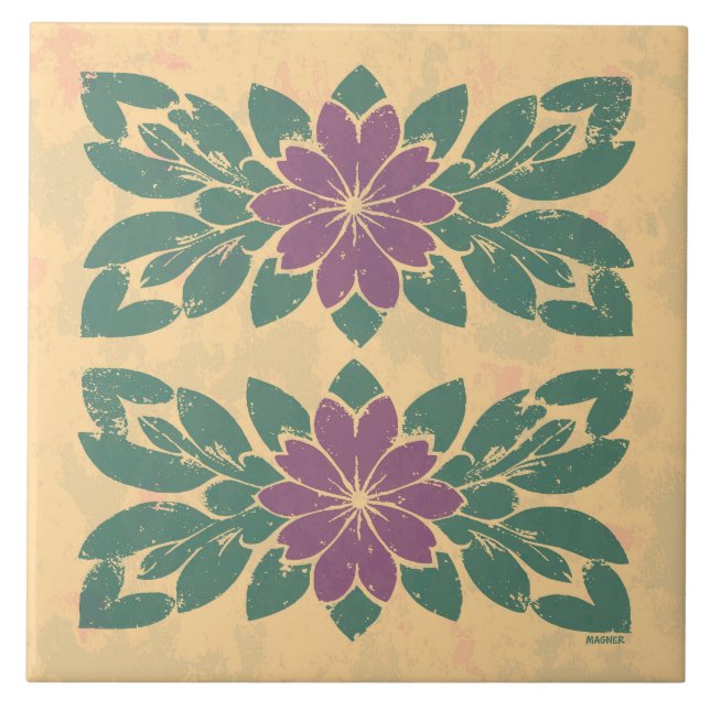 Antique Floral Stencil Ceramic Tile (Front)