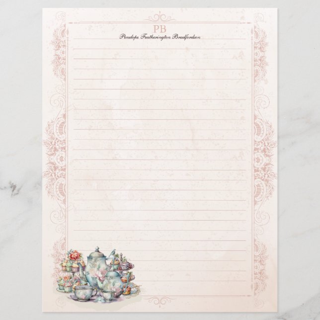 Antique Floral Tea Party Monogram Lined Stationery (Front)