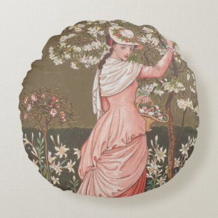 Antique Floral Valentine Card, Victorian Era, 1876 Round Cushion