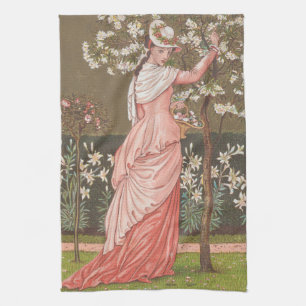 Antique Floral Valentine Card, Victorian Era, 1876 Tea Towel