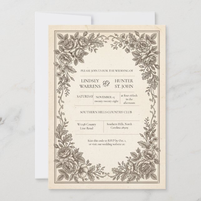 Antique Floral Wedding Invitation (Front)