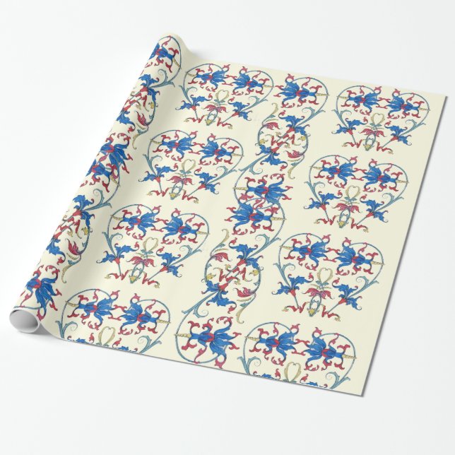 ANTIQUE FLORENTINE RED BLUE FLORAL HEART MOTIFS WRAPPING PAPER (Unrolled)