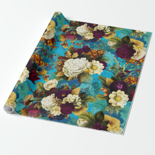 antique flower bouquets with roses on blue pattern wrapping paper