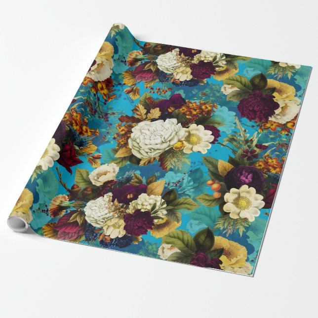 antique flower bouquets with roses on blue pattern wrapping paper (Unrolled)