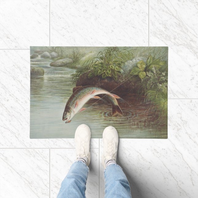 Antique Fly Fishing Leaping Brook Trout Print Doormat (Indoor)