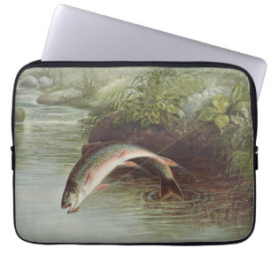 Antique Fly Fishing Leaping Brook Trout Print Laptop Sleeve