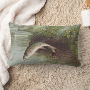 Antique Fly Fishing Leaping Brook Trout Print Lumbar Cushion