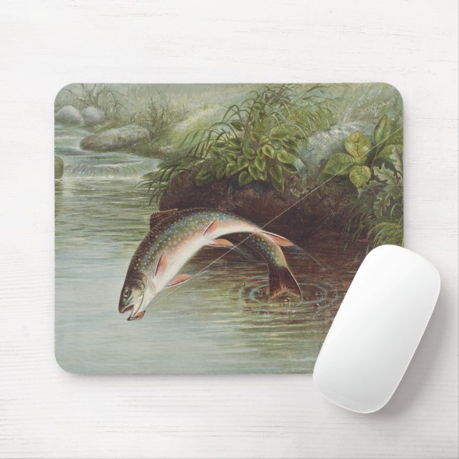 Antique Fly Fishing Leaping Brook Trout Print Mouse Pad (With Mouse)
