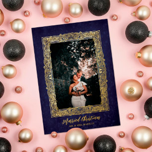 Antique Frame Blue Married Christmas Photo Foil Holiday Card