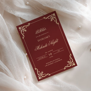 Antique Frame Gold Burgundy Red Henna Mehndi Night Invitation