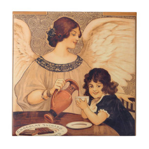 Antique French Chocolate Angel Poster: Vintage Art Ceramic Tile