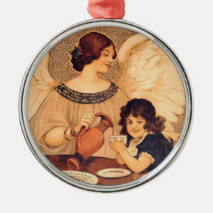 Antique French Chocolate Angel Poster: Vintage Art Metal Tree Decoration