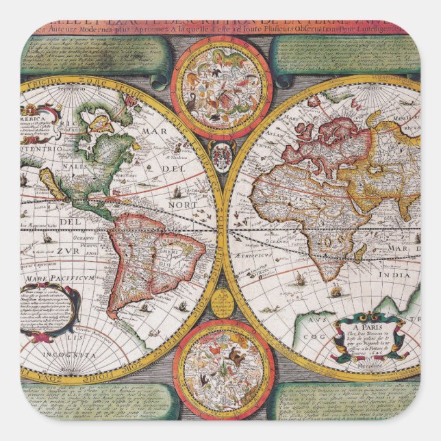 Antique French Map of The World Square Sticker (Front)