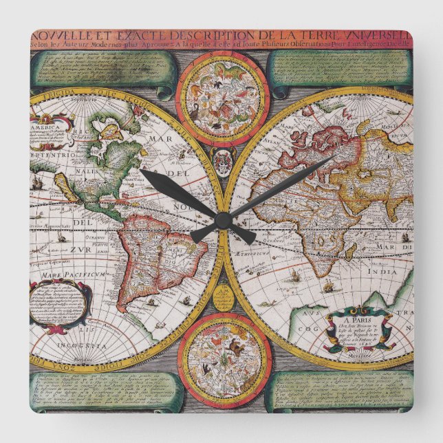 Antique French Map of The World Square Wall Clock (Front)