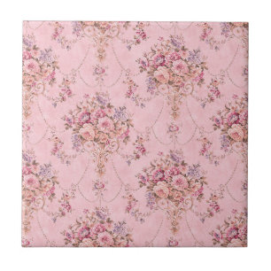Antique French Pink Victorian Style Floral Rococo Ceramic Tile