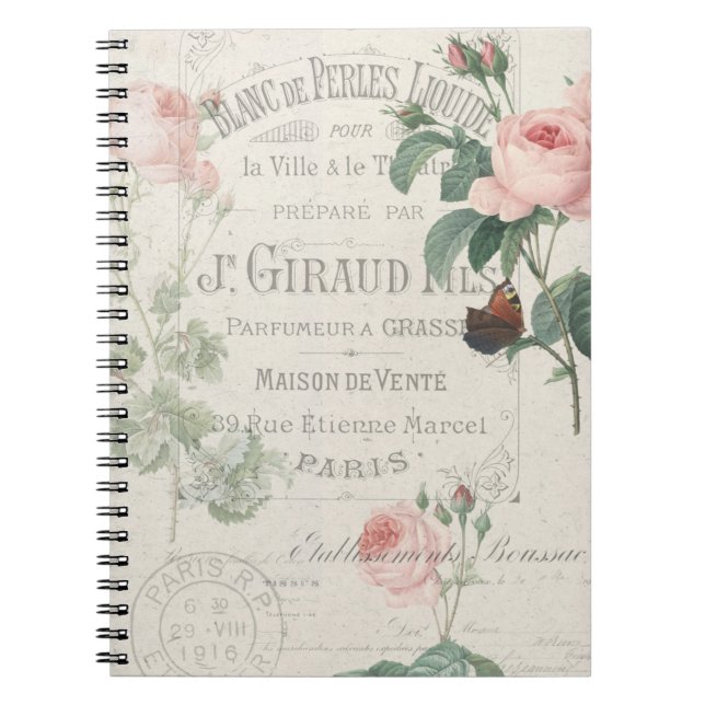 Antique French Redoute Rose Ephemera Notebook (Front)