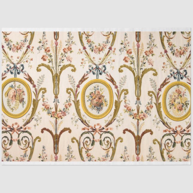 Antique French Rococo Floral Gold Cream Decoupage Tissue Paper (Front)