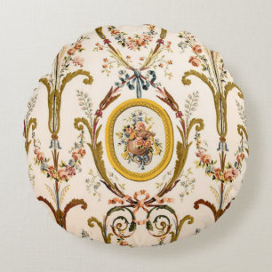 Antique French Rococo Floral Gold Cream Elegant Round Cushion