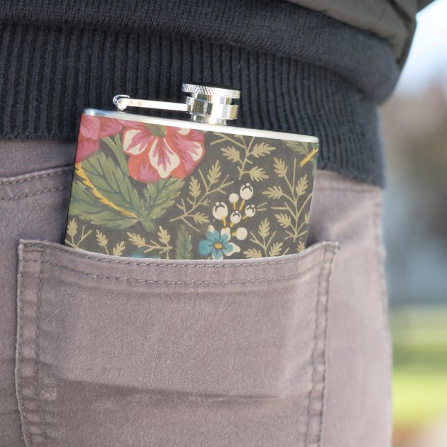 Antique French Toile de Jouy 1800s Floral Branches Hip Flask (In Situ)
