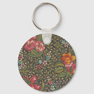 Antique French Toile de Jouy Floral Pattern Key Ring