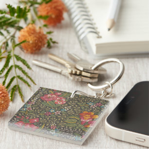 Antique French Toile de Jouy Floral Pattern Key Ring