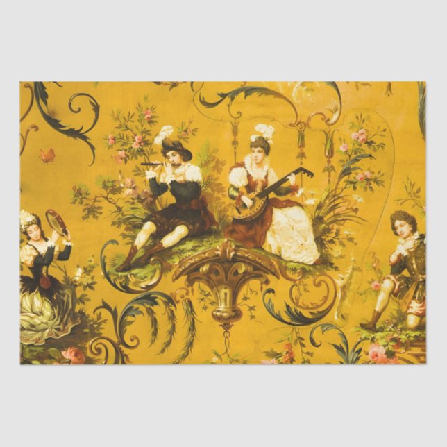 Antique French Yellow Toile Victorian Decoupage  Tissue Paper (Front)