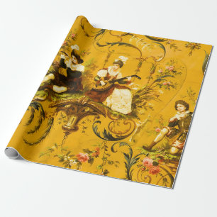 Antique French Yellow Toile Victorian Decoupage  Wrapping Paper