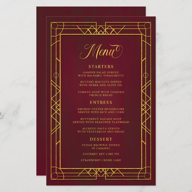 Antique Geometric Gold Frame Burgundy Wedding Menu (Front/Back)