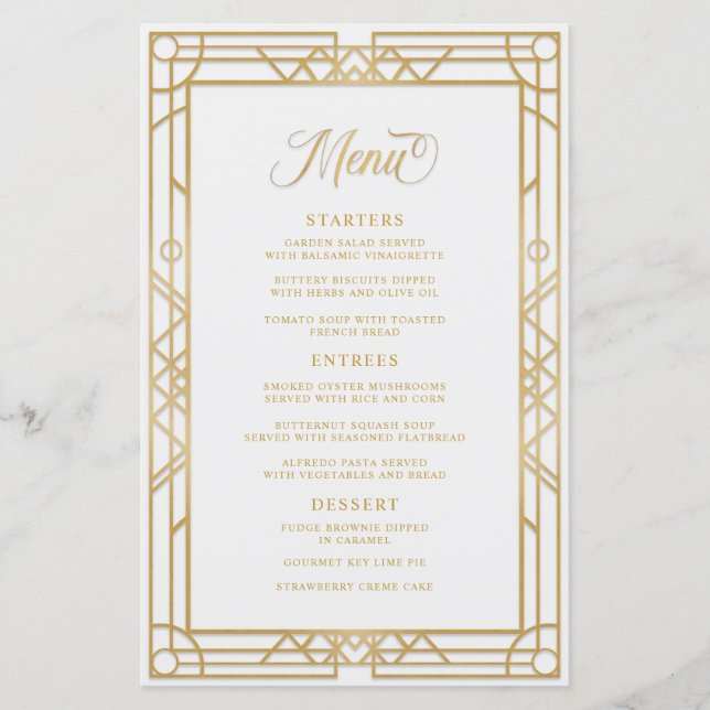 Antique Geometric Gold Frame White Wedding Menu (Front)