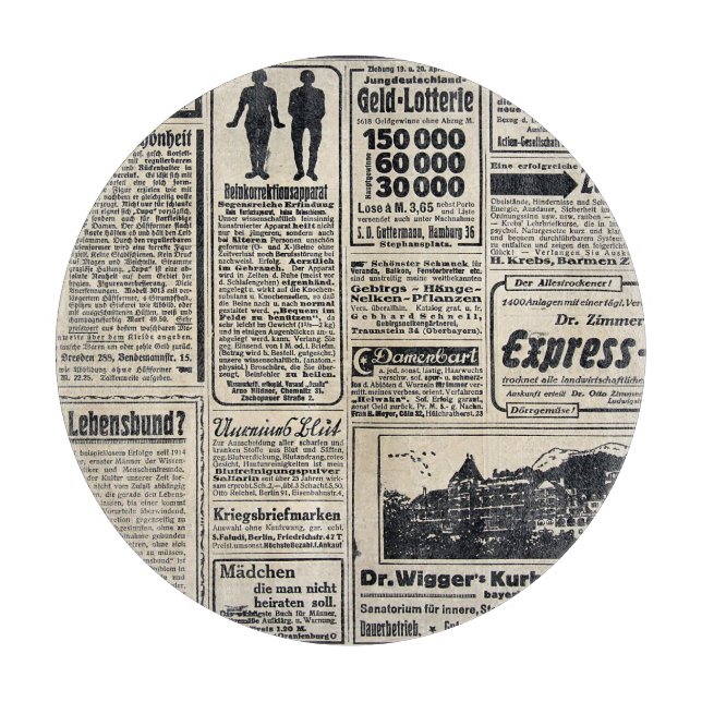 Antique German Newspaper Advertisements 1917 Cutting Board (Front)
