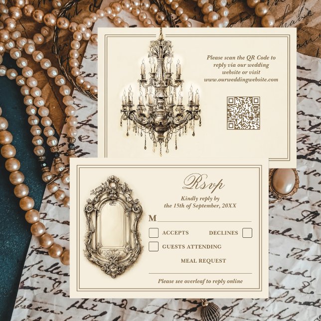 Antique Gilded Age Ivory Timeless QR Code Wedding RSVP Card (Creator Uploaded)