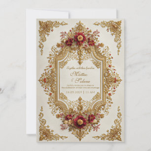 Antique Gilded Burgundy Floral Formal Wedding Invitation