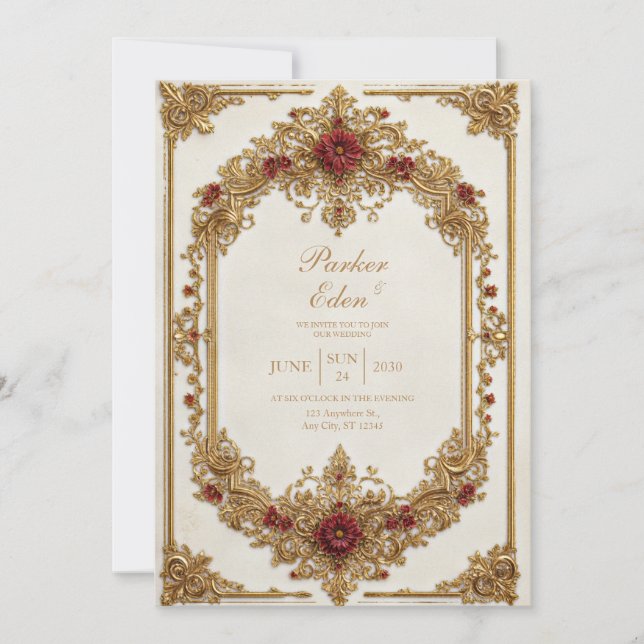 Antique Gilded Burgundy Floral Formal Wedding Invitation (Front)