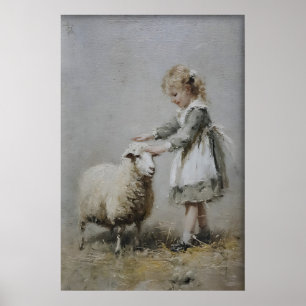 Antique Girl And Sheep Print, Vintage Farmhouse Poster