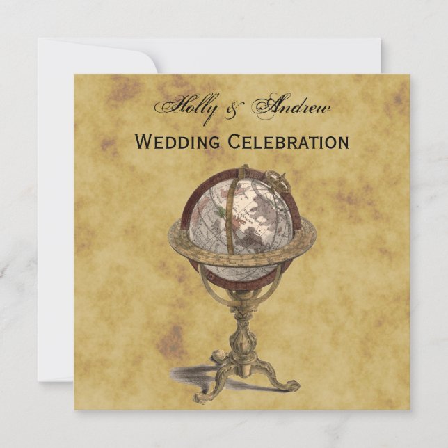 Antique Globe, Distressed BG SQ Wedding Invitation (Front)