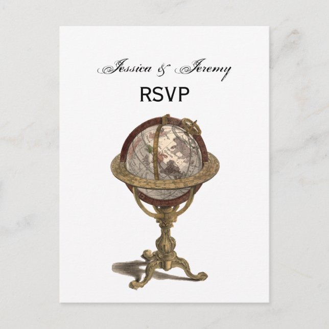 Antique Globe, White BG RSVP Invitation Postcard (Front)
